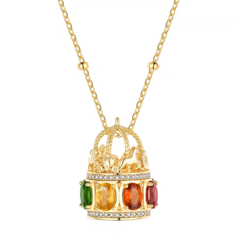 Kemstone Handcrafted Original Design Vintage Silver Gilded Carousel Necklace with Natural Gemstones – 925 Sterling Silver Pendant for Women, Healing Birthstone Jewelry, Perfect Gift