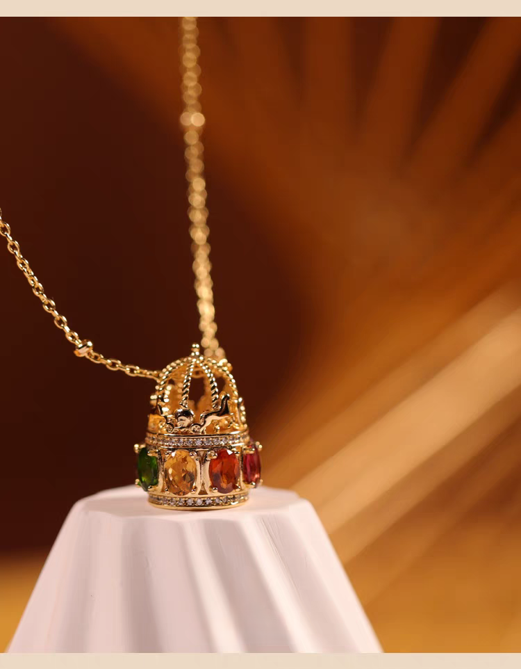 Kemstone Handcrafted Original Design Vintage Silver Gilded Carousel Necklace with Natural Gemstones – 925 Sterling Silver Pendant for Women, Healing Birthstone Jewelry, Perfect Gift