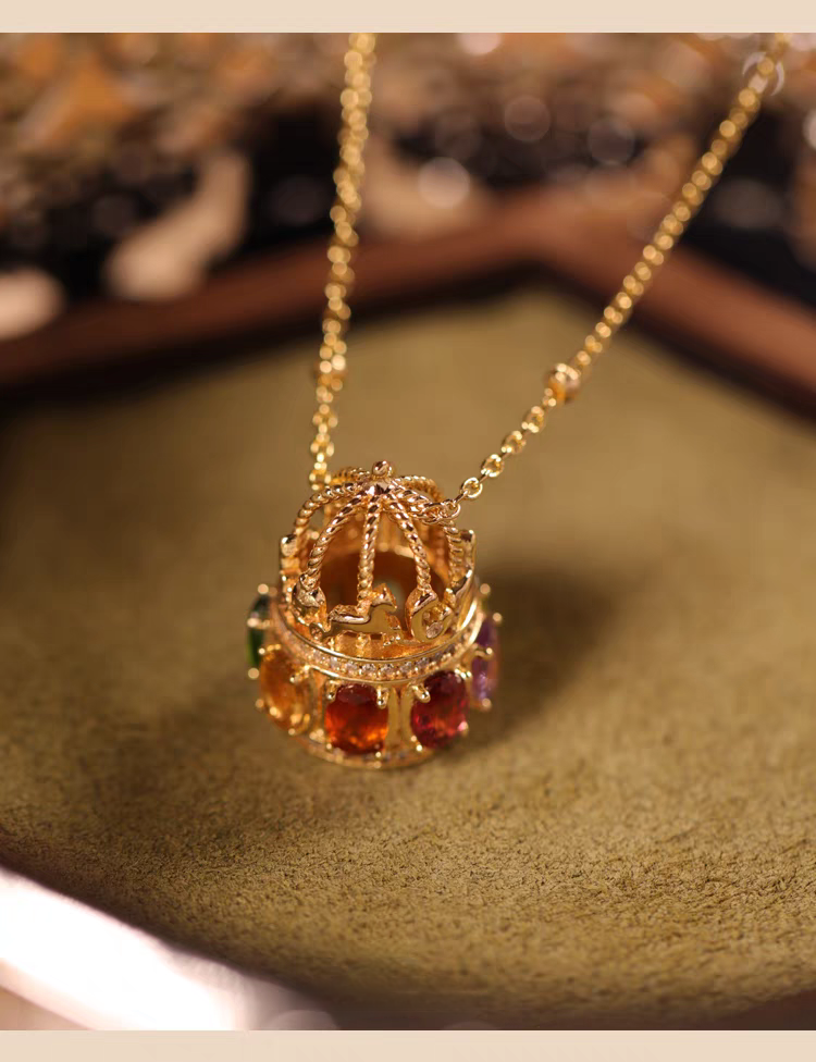 Kemstone Handcrafted Original Design Vintage Silver Gilded Carousel Necklace with Natural Gemstones – 925 Sterling Silver Pendant for Women, Healing Birthstone Jewelry, Perfect Gift