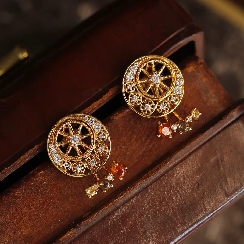 Kemstone Handcrafted Original Design Sunset Ferris Wheel Earrings – 925 Sterling Silver, Spessartite Garnet, Citrine, Smoky Quartz, and Cubic Zirconia – Vintage-Inspired Removable Gemstone Design