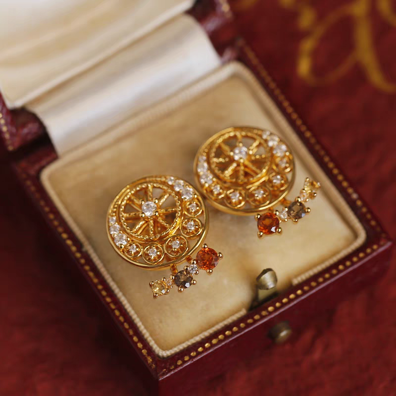 Kemstone Handcrafted Original Design Sunset Ferris Wheel Earrings – 925 Sterling Silver, Spessartite Garnet, Citrine, Smoky Quartz, and Cubic Zirconia – Vintage-Inspired Removable Gemstone Design