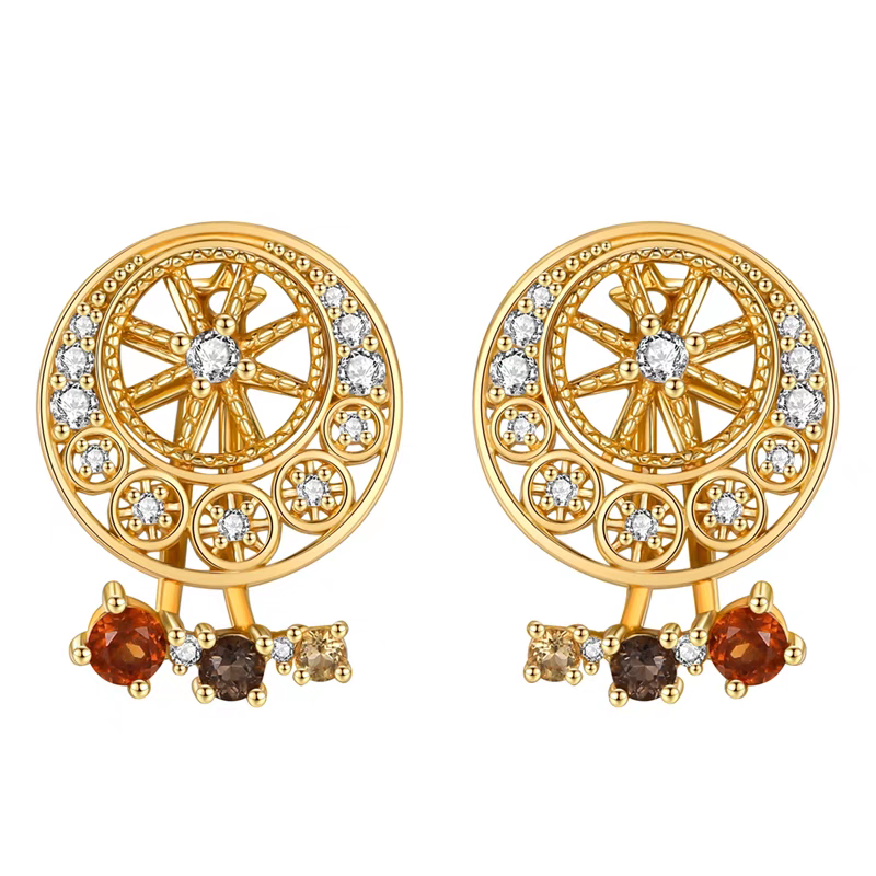 Kemstone Handcrafted Original Design Sunset Ferris Wheel Earrings – 925 Sterling Silver, Spessartite Garnet, Citrine, Smoky Quartz, and Cubic Zirconia – Vintage-Inspired Removable Gemstone Design
