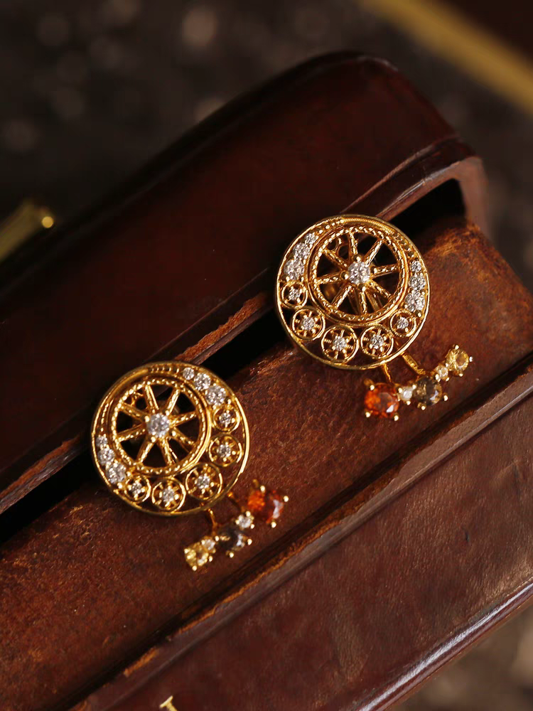 Kemstone Handcrafted Original Design Sunset Ferris Wheel Earrings – 925 Sterling Silver, Spessartite Garnet, Citrine, Smoky Quartz, and Cubic Zirconia – Vintage-Inspired Removable Gemstone Design