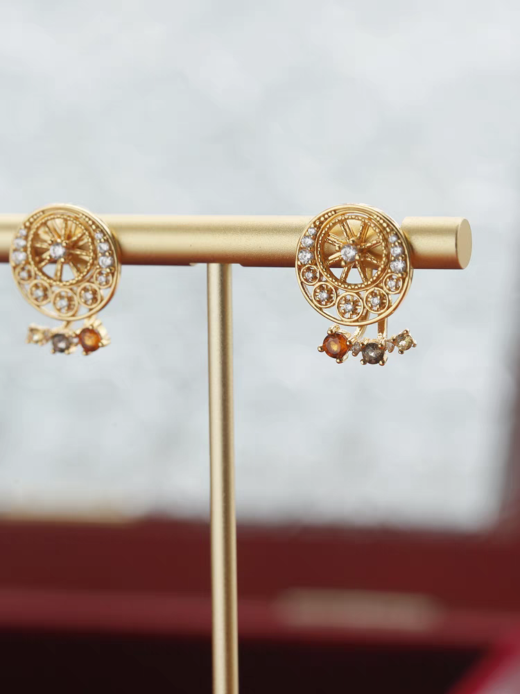 Kemstone Handcrafted Original Design Sunset Ferris Wheel Earrings – 925 Sterling Silver, Spessartite Garnet, Citrine, Smoky Quartz, and Cubic Zirconia – Vintage-Inspired Removable Gemstone Design