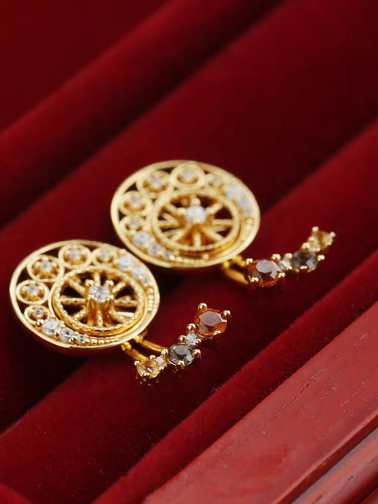 Kemstone Handcrafted Original Design Sunset Ferris Wheel Earrings – 925 Sterling Silver, Spessartite Garnet, Citrine, Smoky Quartz, and Cubic Zirconia – Vintage-Inspired Removable Gemstone Design