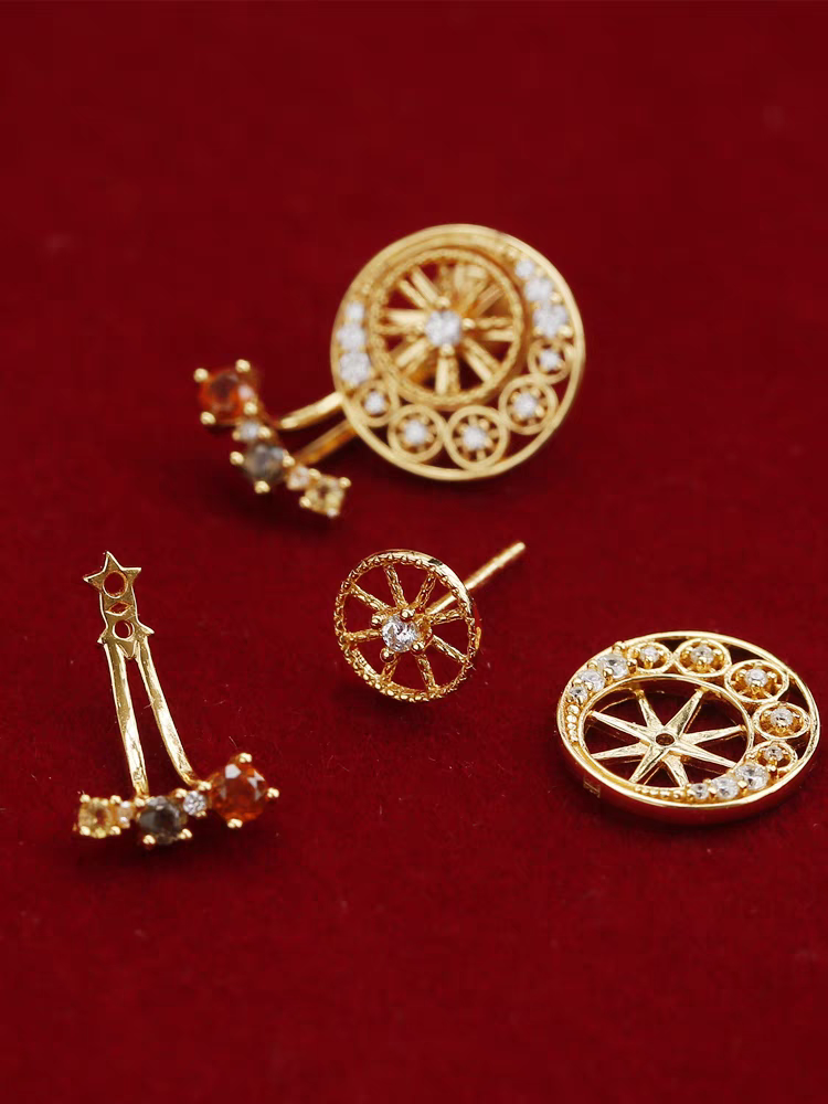 Kemstone Handcrafted Original Design Sunset Ferris Wheel Earrings – 925 Sterling Silver, Spessartite Garnet, Citrine, Smoky Quartz, and Cubic Zirconia – Vintage-Inspired Removable Gemstone Design