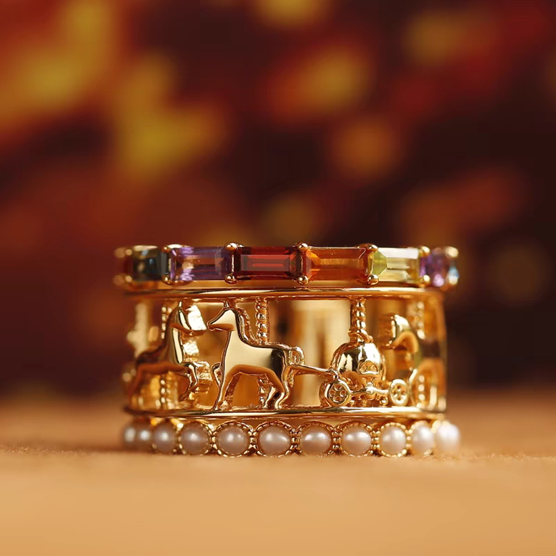Kemstone Handcrafted Original Design Vintage Carousel Gemstone & Pearl Stacking Ring Set, Sterling Silver with Gold Plating - A Healing Gift for the Heart