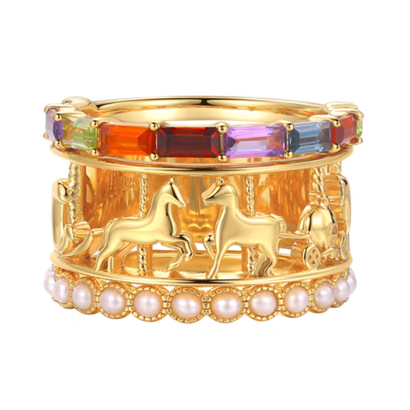 Kemstone Handcrafted Original Design Vintage Carousel Gemstone & Pearl Stacking Ring Set, Sterling Silver with Gold Plating - A Healing Gift for the Heart