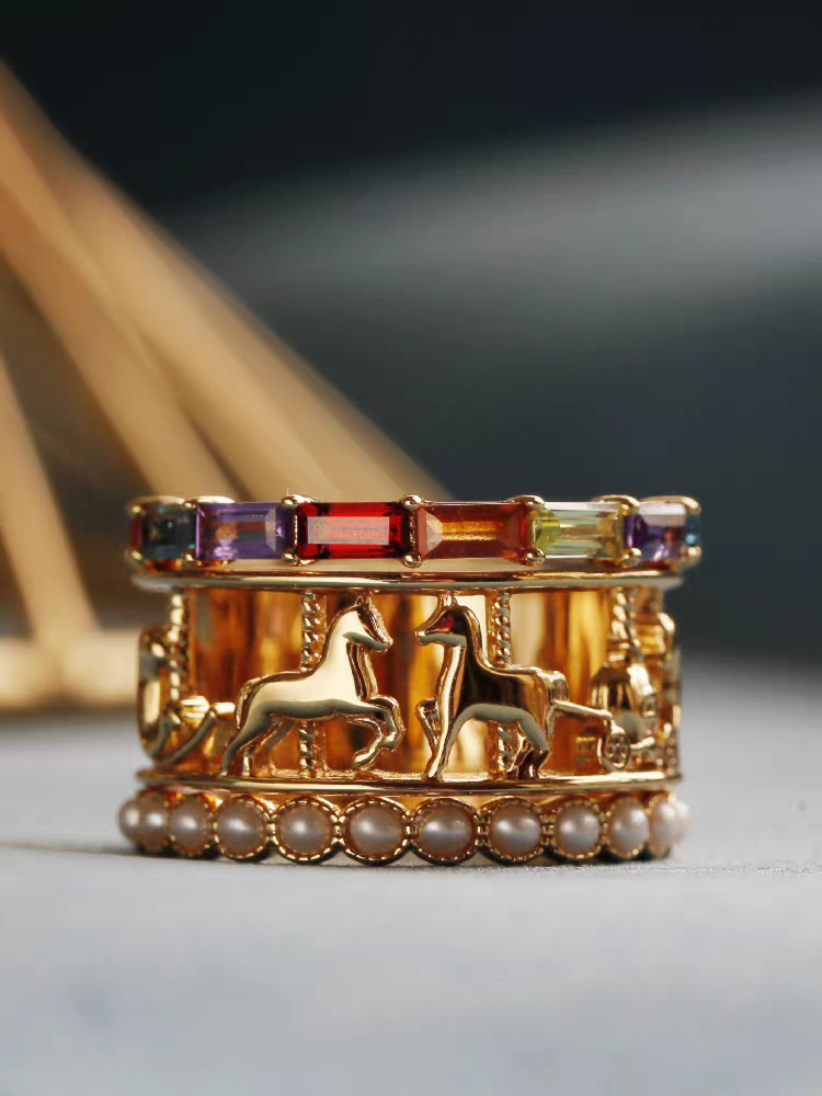 Kemstone Handcrafted Original Design Vintage Carousel Gemstone & Pearl Stacking Ring Set, Sterling Silver with Gold Plating - A Healing Gift for the Heart