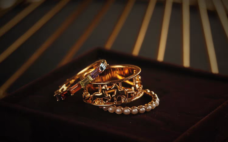 Kemstone Handcrafted Original Design Vintage Carousel Gemstone & Pearl Stacking Ring Set, Sterling Silver with Gold Plating - A Healing Gift for the Heart