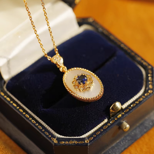 Kemstone Handcrafted Original Design Blue Gilded Dream Pendant Necklace – Vintage-Inspired Royal Blue Sapphire & Mother of Pearl Pendant in 925 Sterling Silver, Gold-Plated