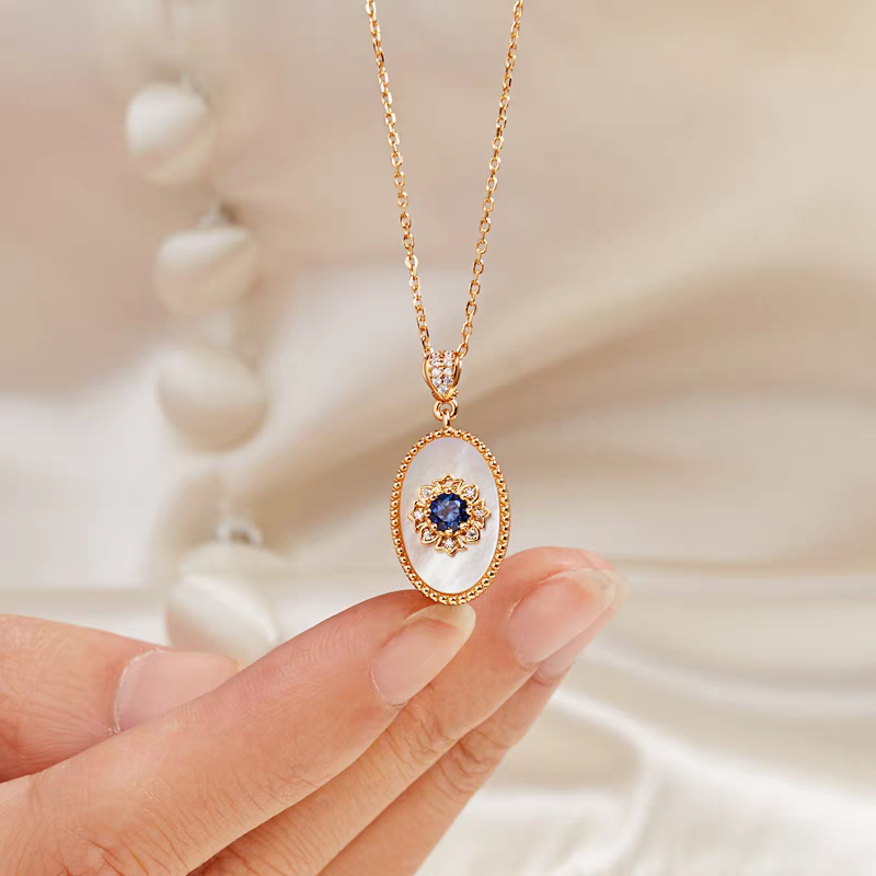 Kemstone Handcrafted Original Design Blue Gilded Dream Pendant Necklace – Vintage-Inspired Royal Blue Sapphire & Mother of Pearl Pendant in 925 Sterling Silver, Gold-Plated