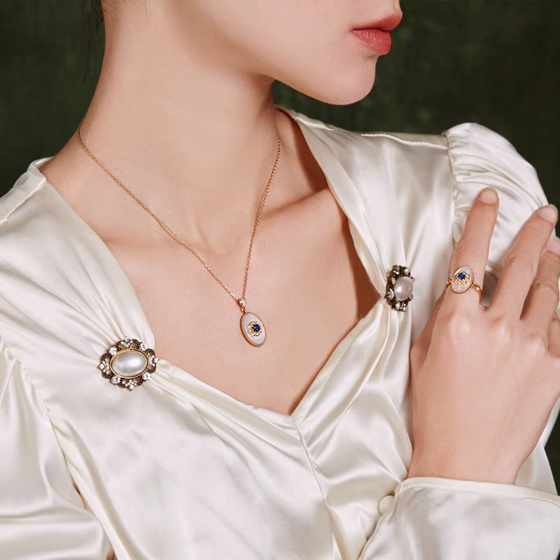 Kemstone Handcrafted Original Design Blue Gilded Dream Pendant Necklace – Vintage-Inspired Royal Blue Sapphire & Mother of Pearl Pendant in 925 Sterling Silver, Gold-Plated