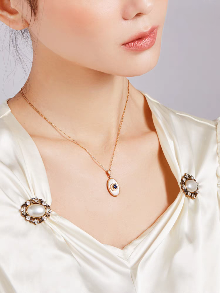 Kemstone Handcrafted Original Design Blue Gilded Dream Pendant Necklace – Vintage-Inspired Royal Blue Sapphire & Mother of Pearl Pendant in 925 Sterling Silver, Gold-Plated