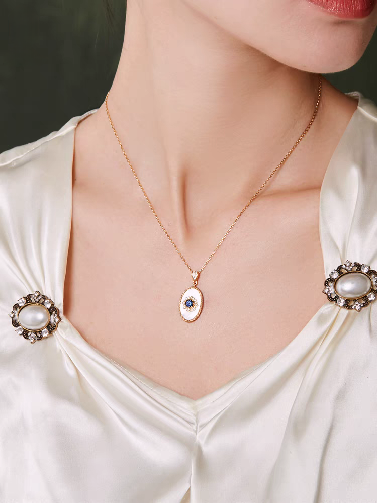 Kemstone Handcrafted Original Design Blue Gilded Dream Pendant Necklace – Vintage-Inspired Royal Blue Sapphire & Mother of Pearl Pendant in 925 Sterling Silver, Gold-Plated