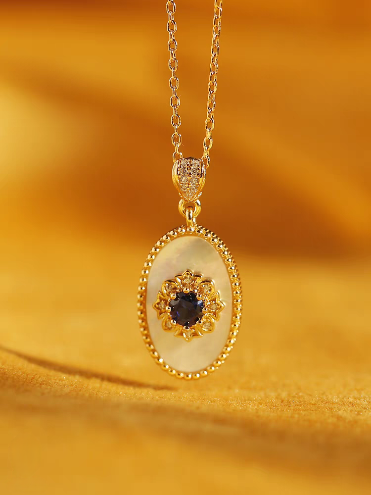 Kemstone Handcrafted Original Design Blue Gilded Dream Pendant Necklace – Vintage-Inspired Royal Blue Sapphire & Mother of Pearl Pendant in 925 Sterling Silver, Gold-Plated