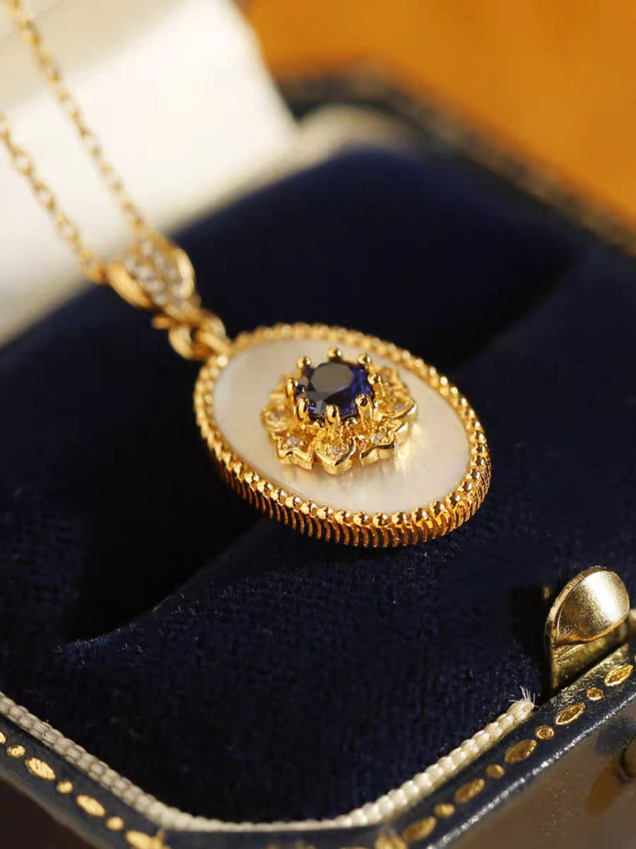 Kemstone Handcrafted Original Design Blue Gilded Dream Pendant Necklace – Vintage-Inspired Royal Blue Sapphire & Mother of Pearl Pendant in 925 Sterling Silver, Gold-Plated