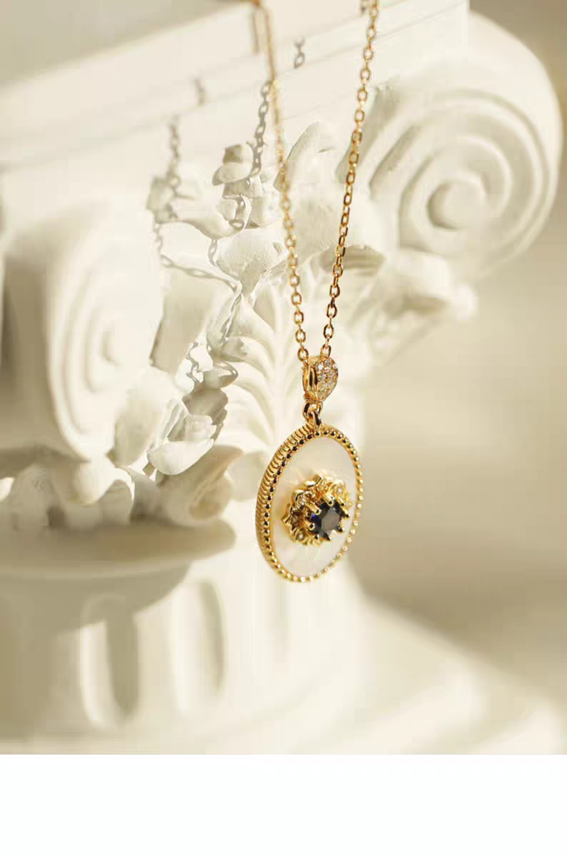 Kemstone Handcrafted Original Design Blue Gilded Dream Pendant Necklace – Vintage-Inspired Royal Blue Sapphire & Mother of Pearl Pendant in 925 Sterling Silver, Gold-Plated