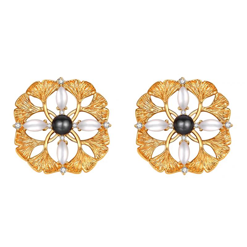 Kemstone Handcrafted Original Design "Golden Ginkgo" Vintage Pearl Stud Earrings - 925 Silver & Gold-Plated Retro Leaf Design