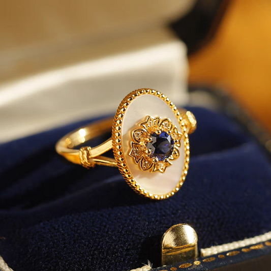 Kemstone Handcrafted Original Design Blue Gilded Dream Ring – Vintage Royal Blue Sapphire & Mother of Pearl Oval Statement Ring in 925 Sterling Silver, Gold-Plated