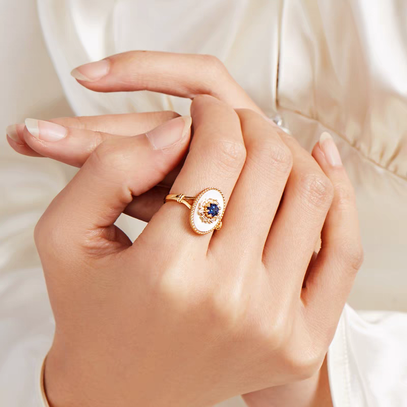 Kemstone Handcrafted Original Design Blue Gilded Dream Ring – Vintage Royal Blue Sapphire & Mother of Pearl Oval Statement Ring in 925 Sterling Silver, Gold-Plated
