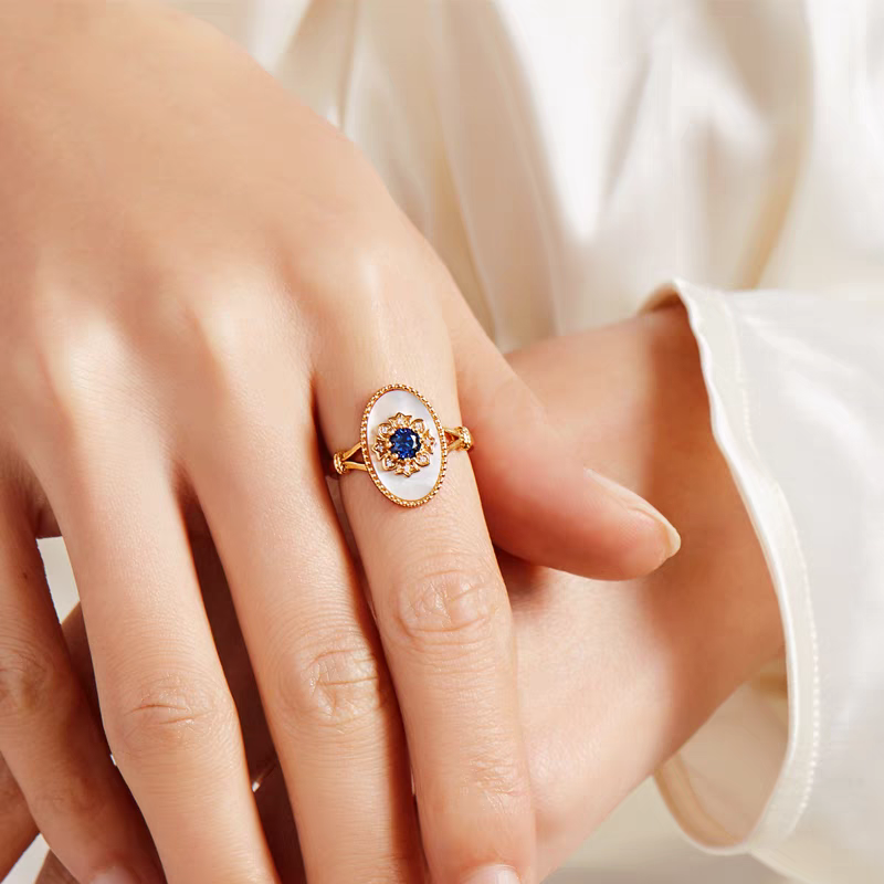 Kemstone Handcrafted Original Design Blue Gilded Dream Ring – Vintage Royal Blue Sapphire & Mother of Pearl Oval Statement Ring in 925 Sterling Silver, Gold-Plated