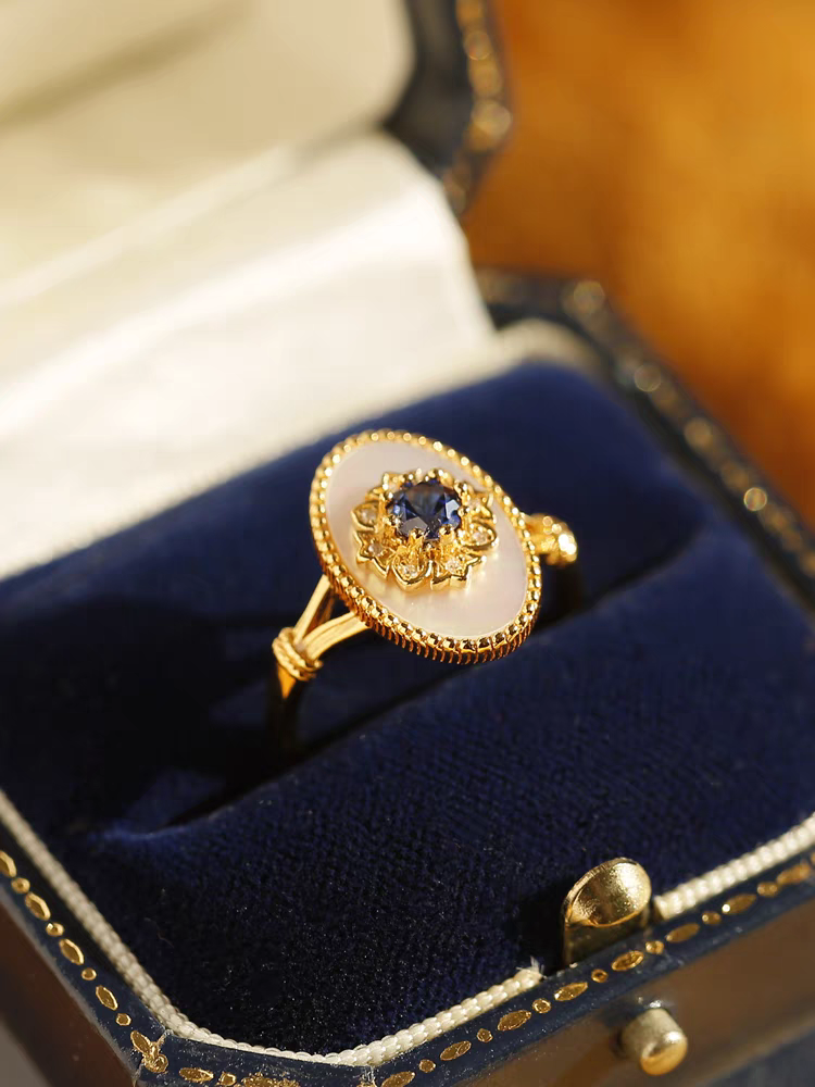 Kemstone Handcrafted Original Design Blue Gilded Dream Ring – Vintage Royal Blue Sapphire & Mother of Pearl Oval Statement Ring in 925 Sterling Silver, Gold-Plated
