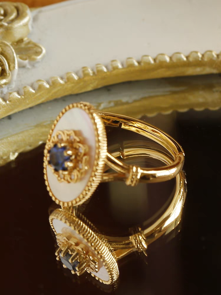 Kemstone Handcrafted Original Design Blue Gilded Dream Ring – Vintage Royal Blue Sapphire & Mother of Pearl Oval Statement Ring in 925 Sterling Silver, Gold-Plated