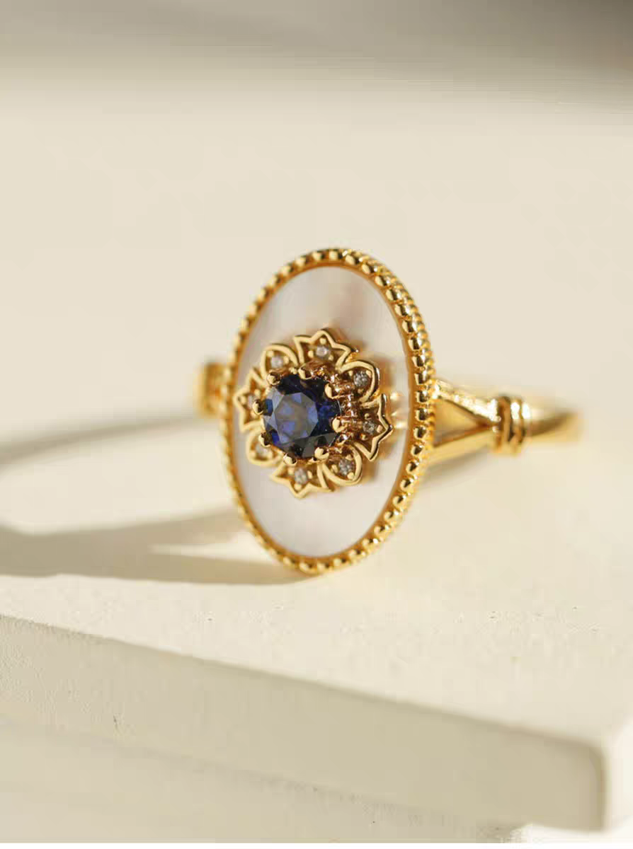 Kemstone Handcrafted Original Design Blue Gilded Dream Ring – Vintage Royal Blue Sapphire & Mother of Pearl Oval Statement Ring in 925 Sterling Silver, Gold-Plated