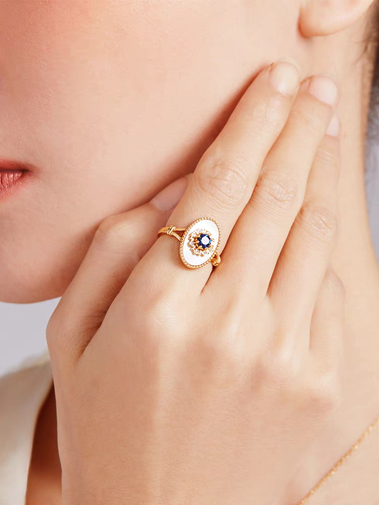 Kemstone Handcrafted Original Design Blue Gilded Dream Ring – Vintage Royal Blue Sapphire & Mother of Pearl Oval Statement Ring in 925 Sterling Silver, Gold-Plated