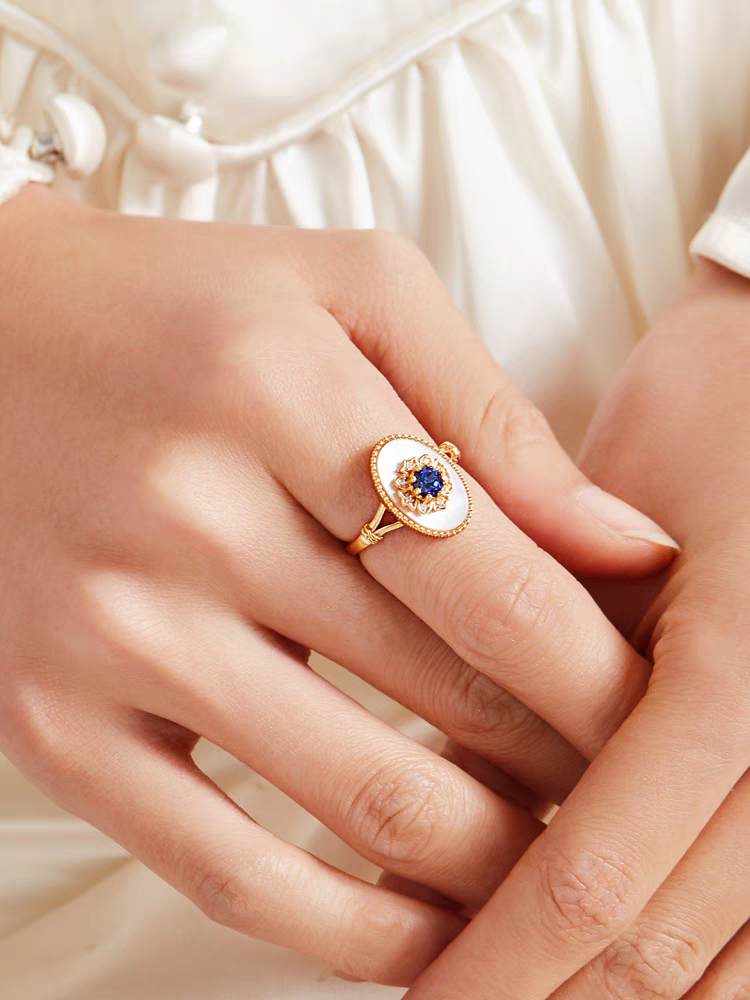 Kemstone Handcrafted Original Design Blue Gilded Dream Ring – Vintage Royal Blue Sapphire & Mother of Pearl Oval Statement Ring in 925 Sterling Silver, Gold-Plated