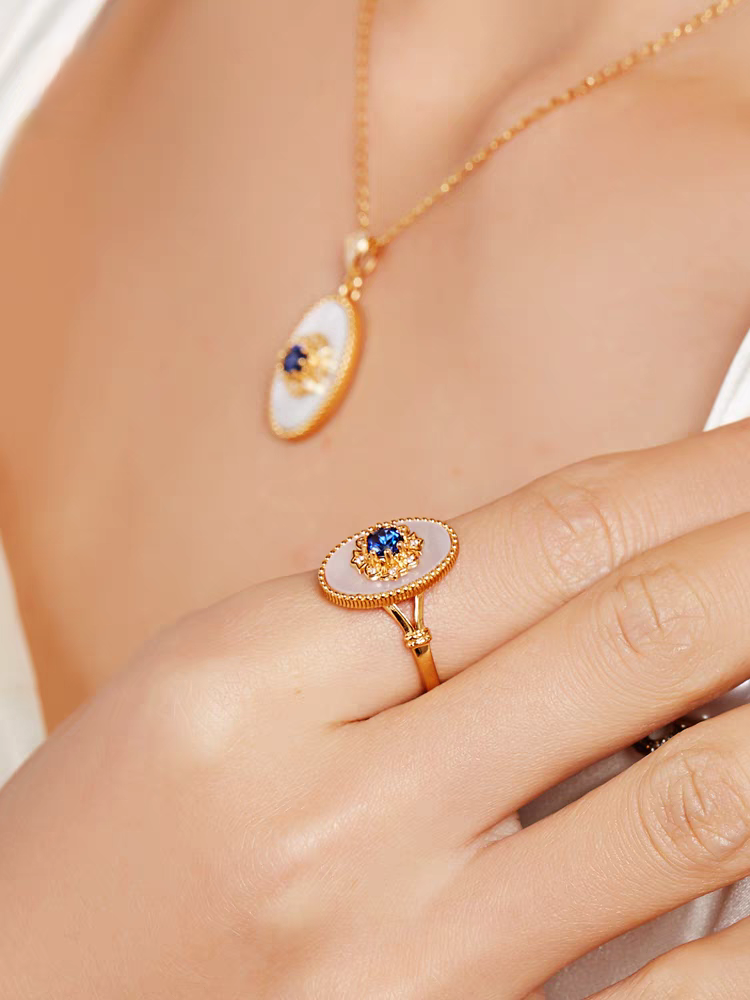Kemstone Handcrafted Original Design Blue Gilded Dream Ring – Vintage Royal Blue Sapphire & Mother of Pearl Oval Statement Ring in 925 Sterling Silver, Gold-Plated