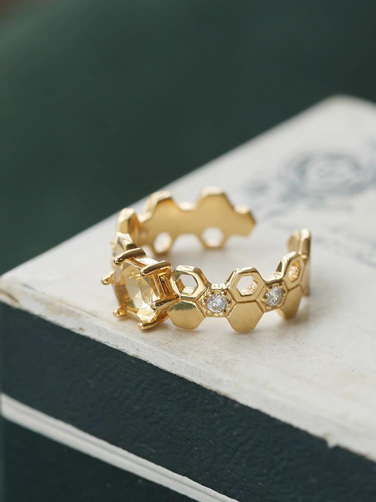 Anillo apilable de abeja con diseño original artesanal de Kemstone: anillo abierto ajustable de citrino y granate espesartita en plata de ley 925, diseño único de gema de lujo.