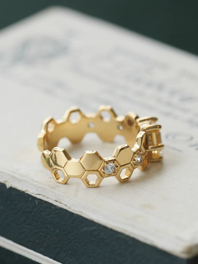 Anillo apilable de abeja con diseño original artesanal de Kemstone: anillo abierto ajustable de citrino y granate espesartita en plata de ley 925, diseño único de gema de lujo.