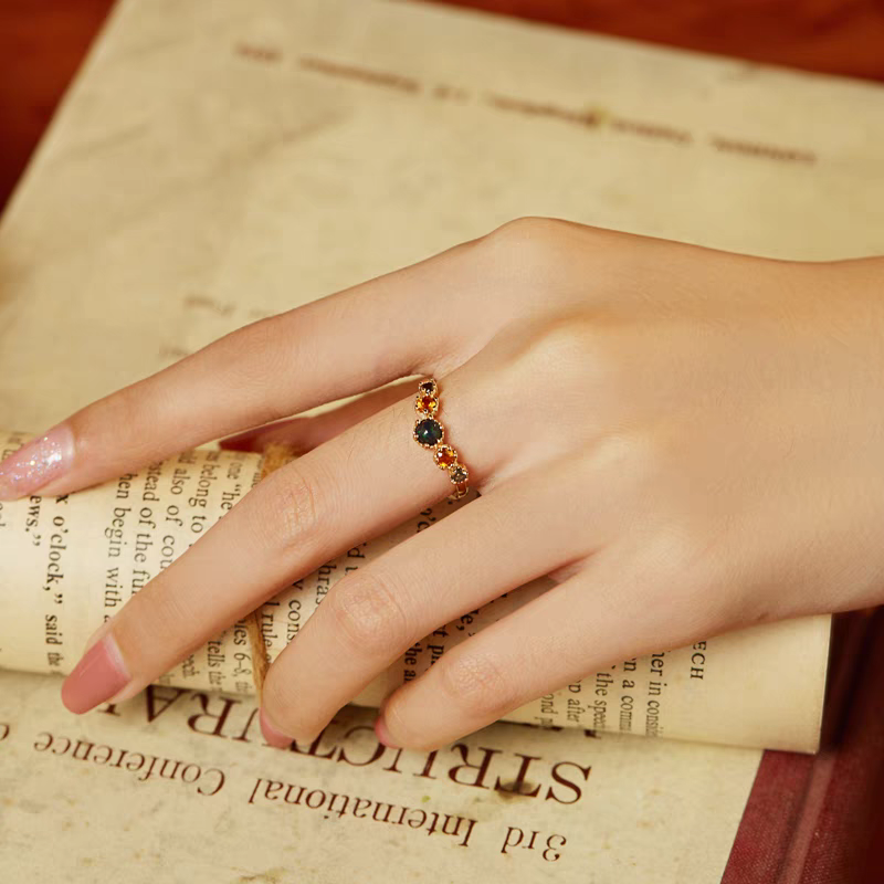 Dusk at Sunset Adjustable Ring – Black Opal, Citrine & Smoky Quartz | 925 Sterling Silver Gold Vermeil | Kemstone
