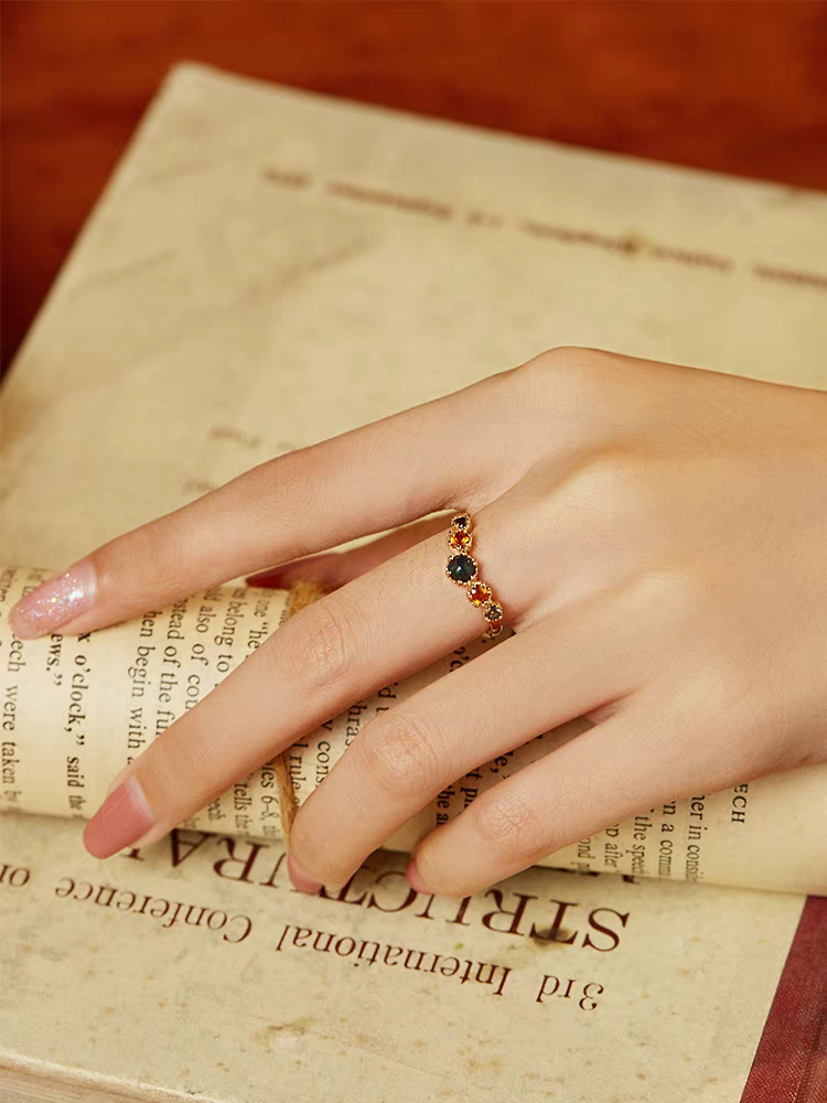Dusk at Sunset Adjustable Ring – Black Opal, Citrine & Smoky Quartz | 925 Sterling Silver Gold Vermeil | Kemstone