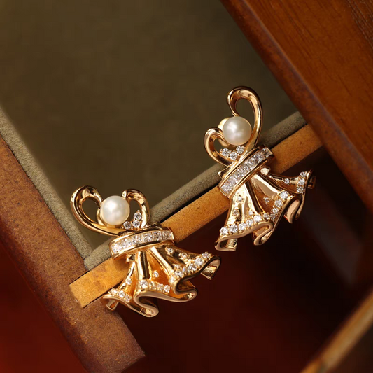 Kemstone Handcrafted Original Design Glaimore Ball Gown Earrings - 925 Sterling Silver Gold-Plated Pearl and Cubic Zirconia Drop Earrings, Vintage Bridal Jewelry for Women