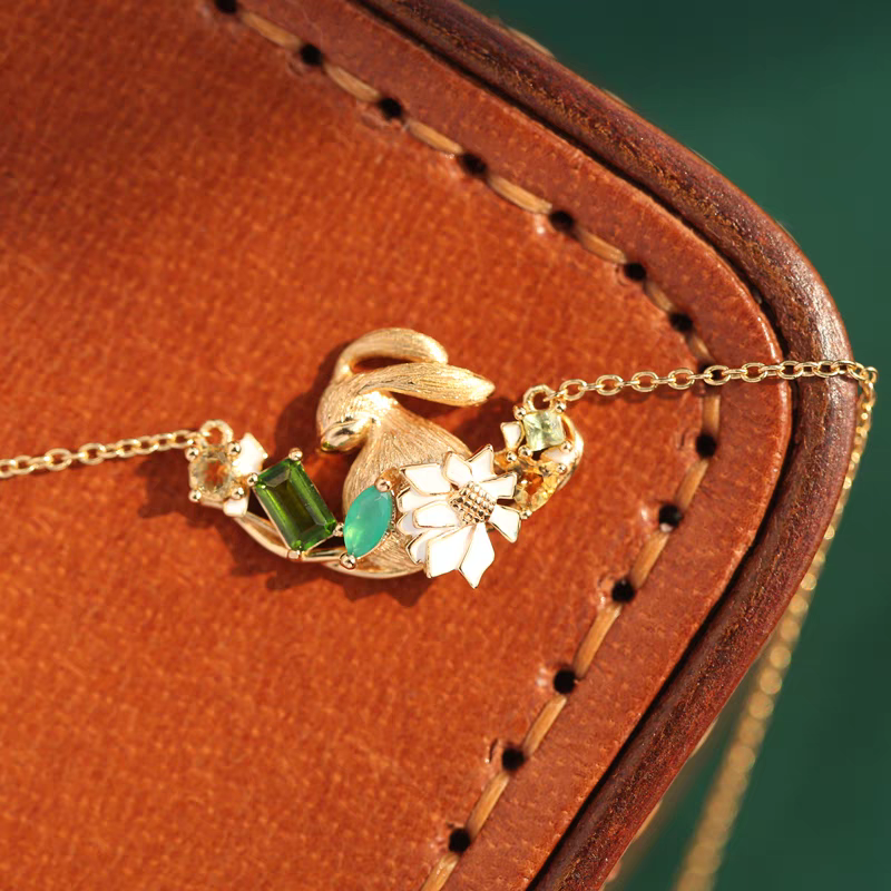 BEFINE Rabbit Necklace – Gold-Plated 925 Sterling Silver | Green Gemstone & Enamel Daisy Pendant | Healing Jewelry by Kemstone