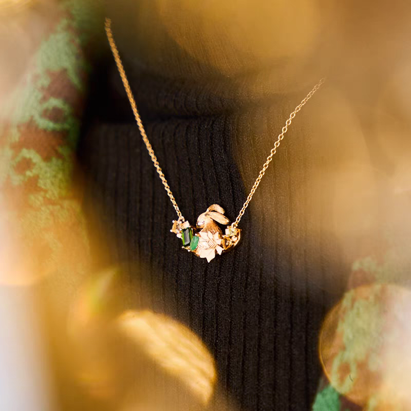 BEFINE Rabbit Necklace – Gold-Plated 925 Sterling Silver | Green Gemstone & Enamel Daisy Pendant | Healing Jewelry by Kemstone