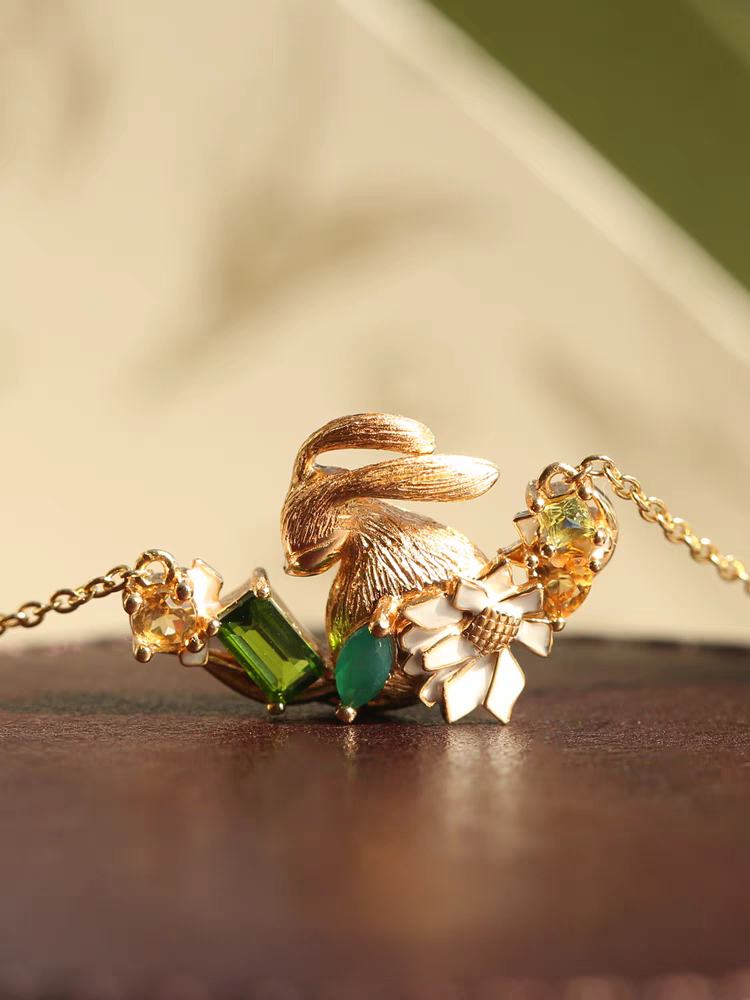 BEFINE Rabbit Necklace – Gold-Plated 925 Sterling Silver | Green Gemstone & Enamel Daisy Pendant | Healing Jewelry by Kemstone
