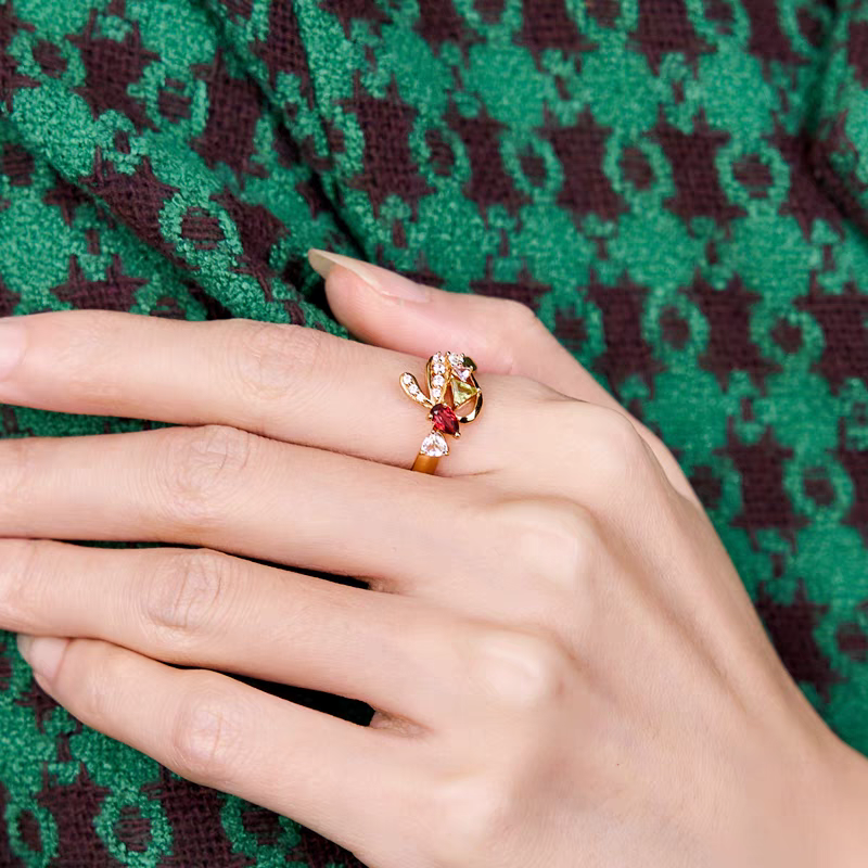 Kemstone Handcrafted Original Design Bunny BENO.1 Ring - 925 Sterling Silver Gold-Plated Gemstone Ring with Garnet, Amethyst, Peridot, White Quartz, and Topaz, Unique Luxury Gift for Women