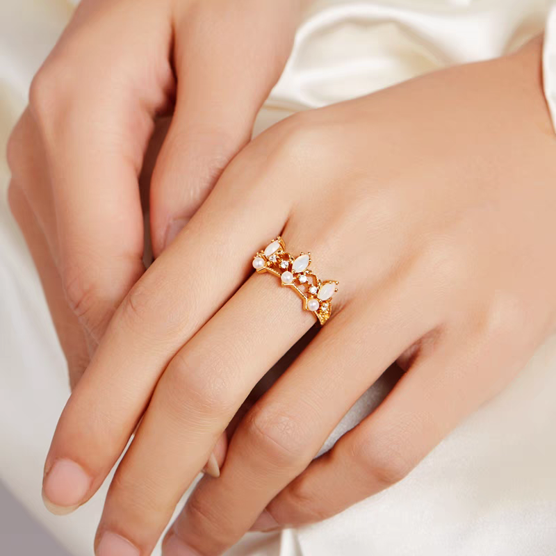 Kemstone Handcrafted Original Design "Princess and Knight" Vintage Opal Crown Ring – 925 Sterling Silver with Gold Plating, Adjustable Double-Layer Open Band Ring, Unique Gift for Women
