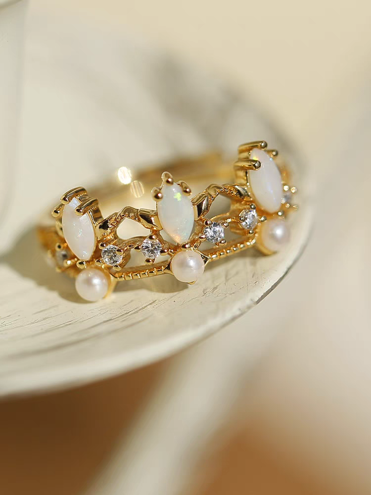 Kemstone Handcrafted Original Design "Princess and Knight" Vintage Opal Crown Ring – 925 Sterling Silver with Gold Plating, Adjustable Double-Layer Open Band Ring, Unique Gift for Women