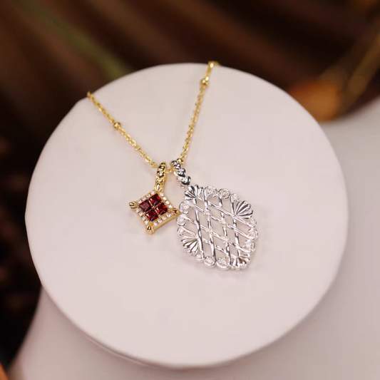 Kemstone Handcrafted Original Design Sobremesa Cherry Waffle Necklace - 925 Silver Gold-Plated Garnet Pendant Vintage Collarbone Chain