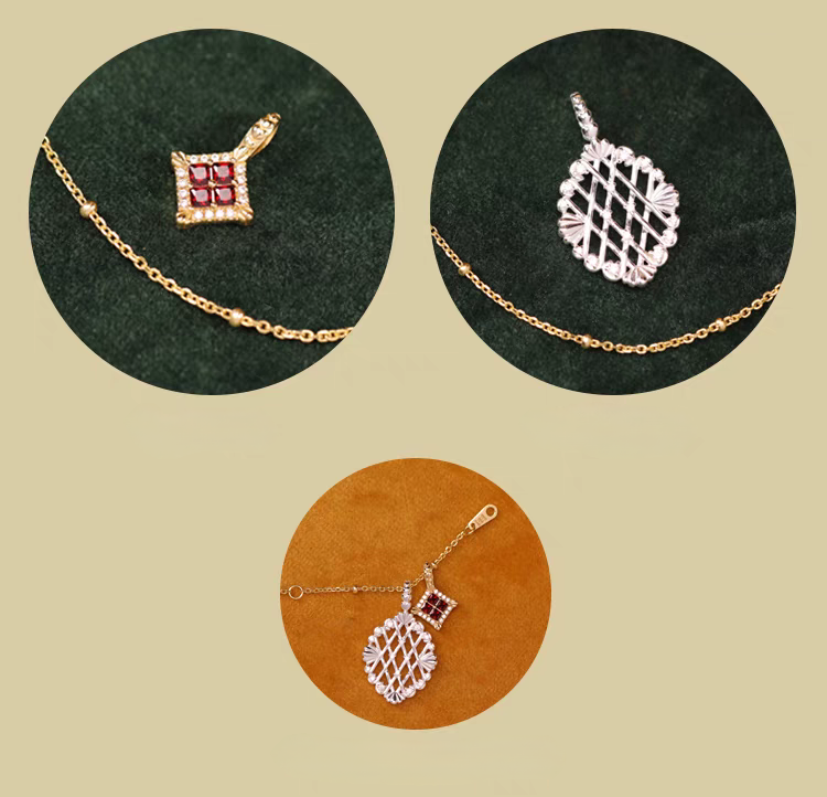 Collar de gofre de cerezas de sobremesa con diseño original artesanal de Kemstone - Plata 925 chapada en oro con colgante de granate y cadena de clavícula vintage