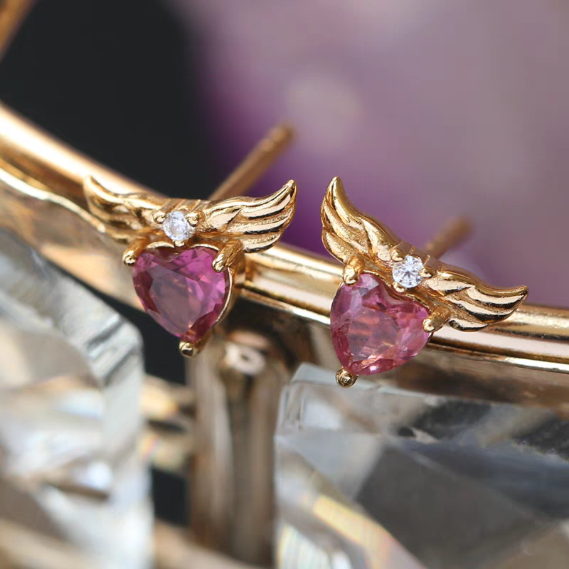 Kemstone Handcrafted Original Design Stellar Wings Pink Tourmaline Heart Stud Earrings - 925 Silver Winged Heart Mini Earrings