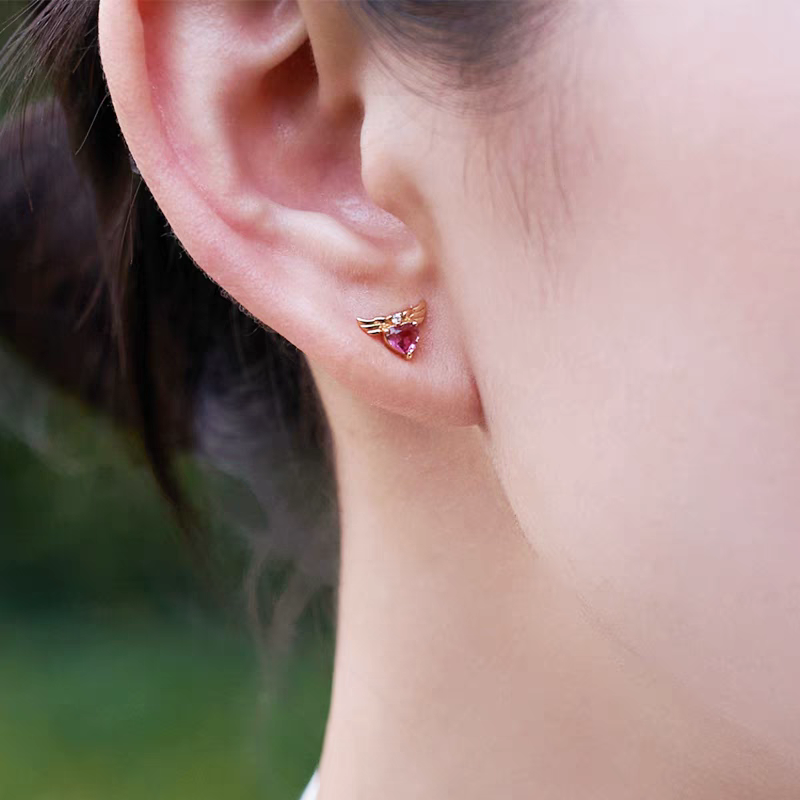 Kemstone Handcrafted Original Design Stellar Wings Pink Tourmaline Heart Stud Earrings - 925 Silver Winged Heart Mini Earrings