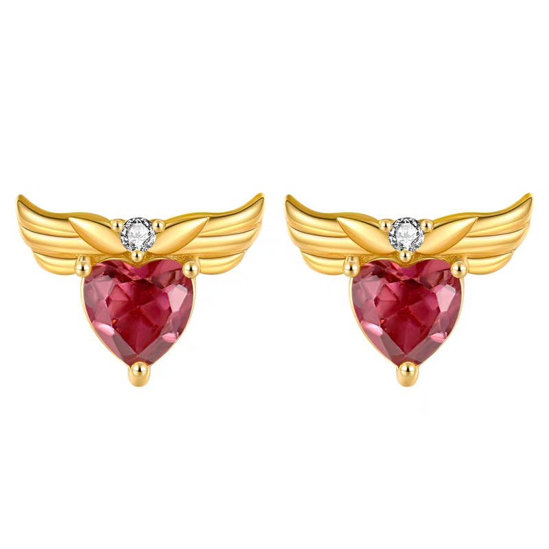 Kemstone Handcrafted Original Design Stellar Wings Pink Tourmaline Heart Stud Earrings - 925 Silver Winged Heart Mini Earrings