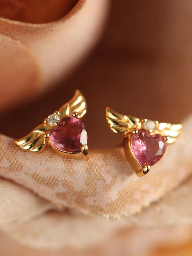 Kemstone Handcrafted Original Design Stellar Wings Pink Tourmaline Heart Stud Earrings - 925 Silver Winged Heart Mini Earrings
