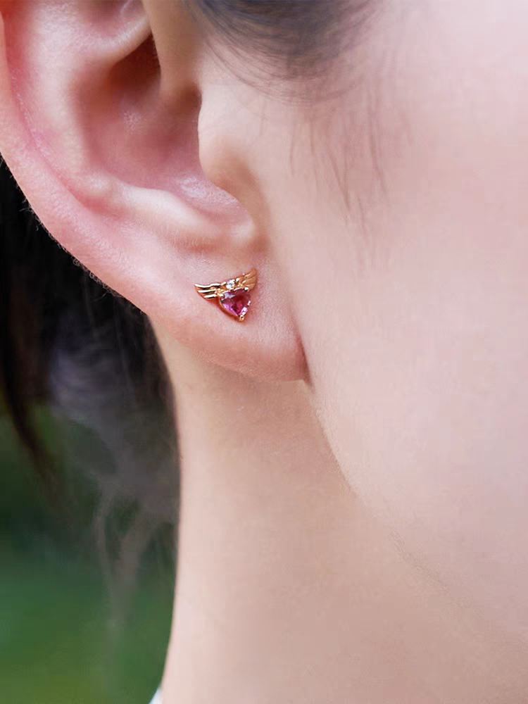 Kemstone Handcrafted Original Design Stellar Wings Pink Tourmaline Heart Stud Earrings - 925 Silver Winged Heart Mini Earrings